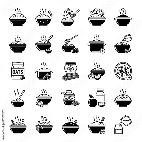 Collection of Breakfast Food Icons Representing Oats, Porridge, Cereal, and Sweet Toppings in a Flat Design Style