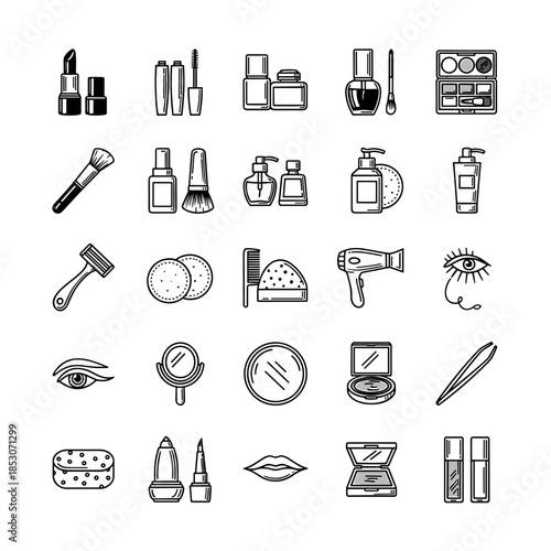 Collection of black and white cosmetic icons for makeup and beauty routine, representing a beauty store or salon