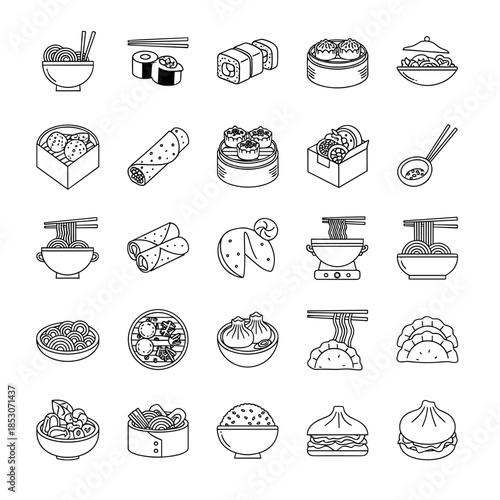 Collection of Asian Food Icons Including Noodles, Sushi, Dumplings, Spring Rolls, and Fortune Cookies