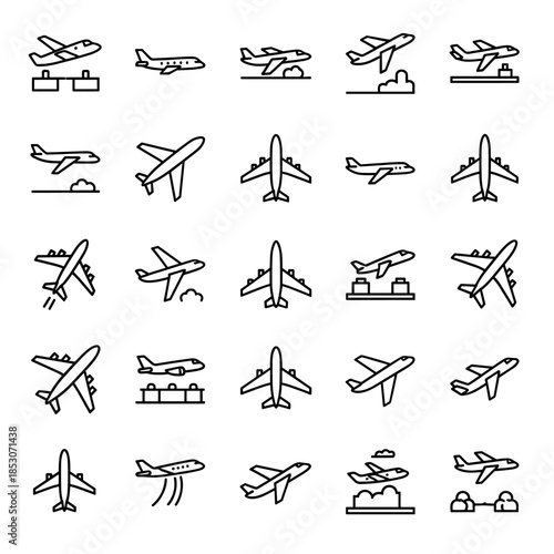 Collection of Airplane Icons Diverse Aircraft Symbols in Flight Takeoff Landing and Grounded Positions