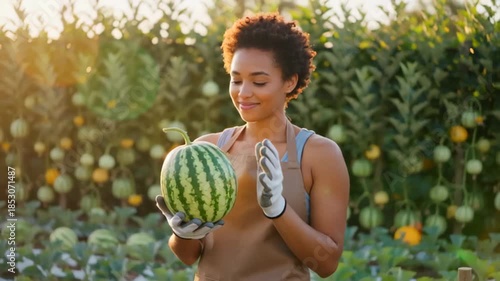 A young woman with curly hair examining a ripe watermelon in a lush green garden during golden hour