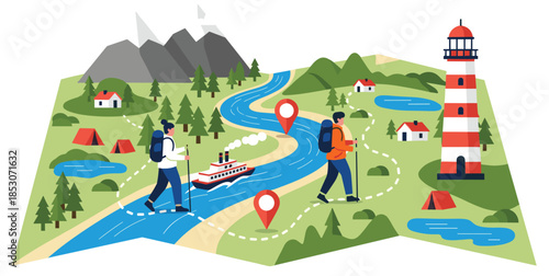 Adventure travel map illustration, hikers following route along river mountains lighthouse campsite locations, outdoor navigation journey concept flat vector design artwork