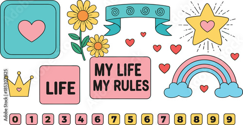Cute Planner Sticker Set with Hearts Rainbow Flowers Motivational Quotes and Number Icons for Digital Journaling