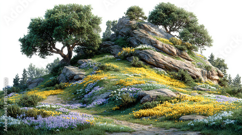 Rocky hillside with colorful wildflowers and scattered trees under a clear sky.
