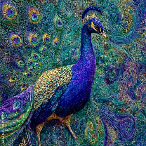 Vibrant Peacock With Ornate Feathered Tail And Detailed Texture bird animal Photo
