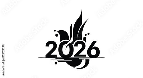 Stylized depiction of the year 2026 with flowing shapes in a dark silhouette