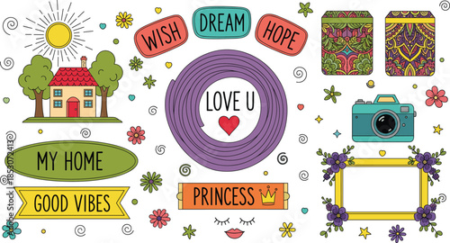 Cute doodle sticker collection with home, love, wish, dream, hope, good vibes, and decorative lifestyle elements