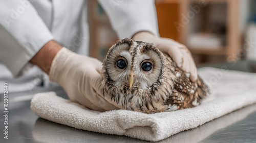Tawny owl on towel at veterinary clinic