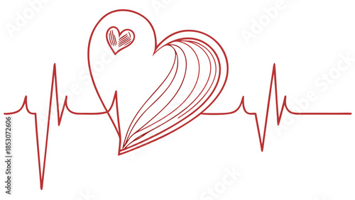 Heart Rate Line Art with Heart Icon in Minimalist Red Design on White Background for Health Awareness