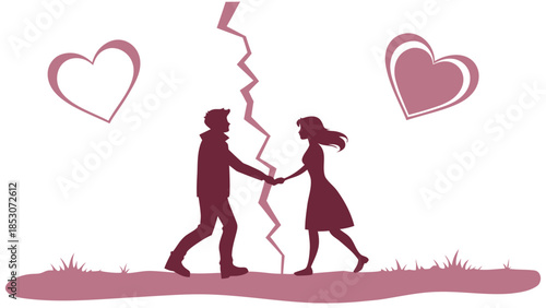 Couple Breaking Apart in Distressed Silhouette with Pink Hearts in Soft Pastel Color on White Background for Relationship