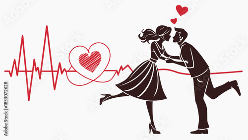Couple Dancing with Heartbeat in Romantic Silhouette with Red Accents on White Background for Valentines Day