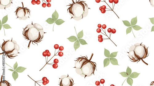Botanical seamless pattern, cotton bolls, red berries, green leaves, autumn foliage, white background, nature design, textile illustration