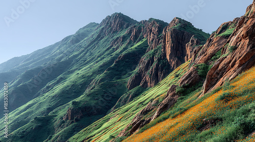 Lush green mountains with colorful wildflowers on sloping hillsides.