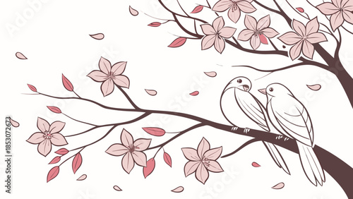 Lovebirds on blossoming cherry tree branch in minimalist line art with soft pink hues and gentle leaves for wedding invitation