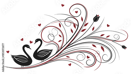 Swans in love surrounded by swirling floral patterns with red hearts and elegant black lines in whimsical illustration for valentines day greeting cards