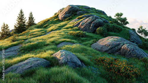 Lush green hillside with rocks, trees, and grassy patches, illuminated by soft sunlight.