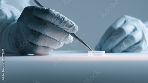 Gloved hands using tweezers with petri dish close up