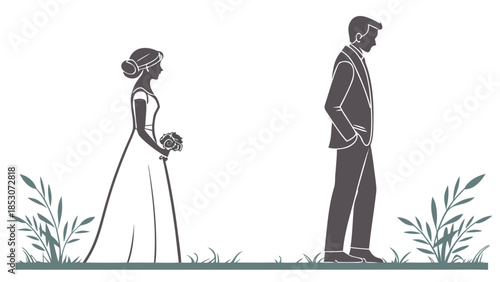 Bride and Groom Standing Apart in Minimalist Line Art with Simple Elegance in Monochrome on White Background for Wedding Invitation