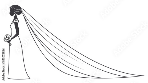 Bride silhouette with flowing veil holding bouquet in elegant minimalist style with soft black and white illustration for wedding decor