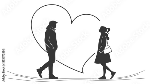 Couple Walking Apart in Heart Shape Silhouette with Simple Line Art in Monochrome for Relationship
