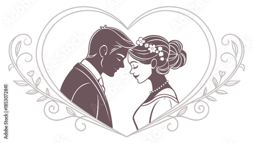 Bride and Groom Embracing in Elegant Heart-Shaped Frame with Floral Ornaments in Monochrome Line Art for Wedding Invitation