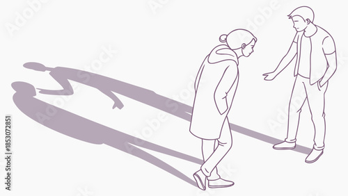 Couple with shadow of child in minimalist line art with purple tone on white background for emotional
