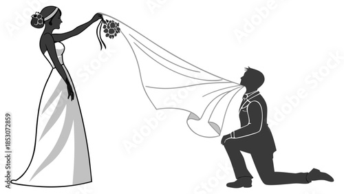 Bride and Groom in Romantic Silhouette with Flowing Wedding Veil in Black and White Illustration for Wedding Invitation