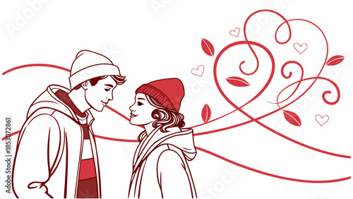 Couple in love illustration with romantic red heart in whimsical line art for valentines day greeting card