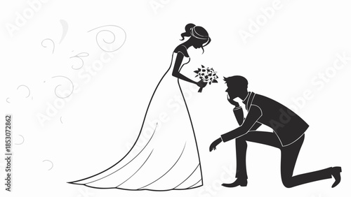 Bride and Groom in Romantic Gesture with Floral Bouquet in Simple Line Art Style for Wedding Invitation