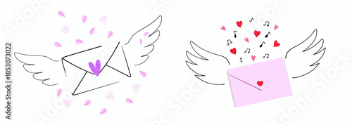 Wings carry love letters with hearts and petals flying