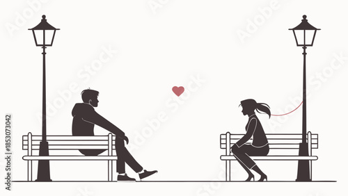 Couple Sitting Apart on Benches in Lonely Melancholic Mood with Soft Gray Lighting for Emotional Illustration