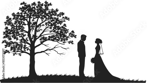 Bride and Groom Silhouettes Romantic Black and White Illustration with Tree for Wedding Invitation