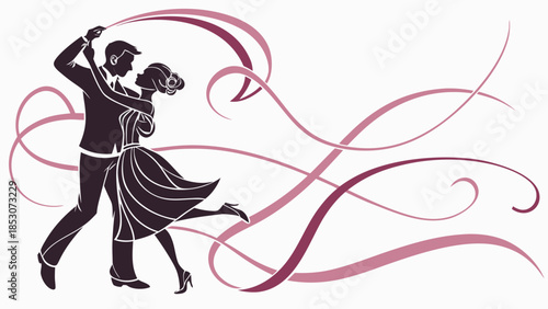Dancing Couple Silhouette Romantic Pink Swirls Vector Illustration for Dance Event