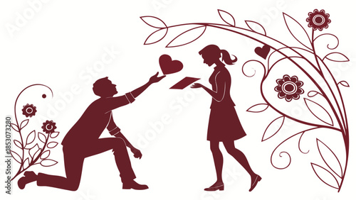 Man proposing to woman with heart in romantic silhouette with red color on white background for valentines day greeting card