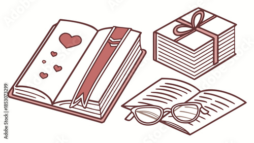 Open book with heart decorations in minimalist line art style with red color on white background for romantic gift