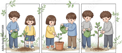 Cute, children, watering, and, planting, young, green, sapling, trees, in, garden, for, environment, conservation, sustainability, education, earth, day, nature, care, and, growth