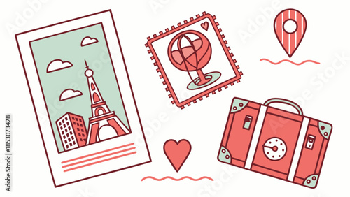 Travel Memories in Hand-Drawn Style with Red Color Scheme on White Background for Tourism Advertising