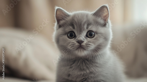 Cute Fluffy British Shorthair Kitten Portrait with Soft Studio Lighting