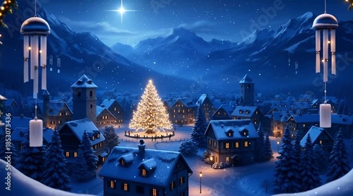 Snowy village scene with Christmas tree