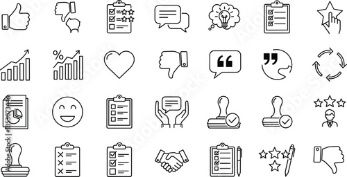Customer feedback icon set with star ratings, testimonials, surveys, thumbs up, business analysis charts, handshakes, stamps and social media interaction.