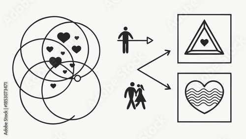 Interconnected hearts in abstract Venn diagram with couple and single person icons in minimalist black line art for relationship