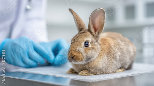 Rabbit vet checkup with gloved hands close up