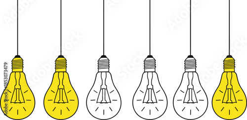 Hanging light bulbs illustration showing bright yellow illuminated ideas contrasted with unlit bulbs, symbolizing creativity, inspiration, and innovation
