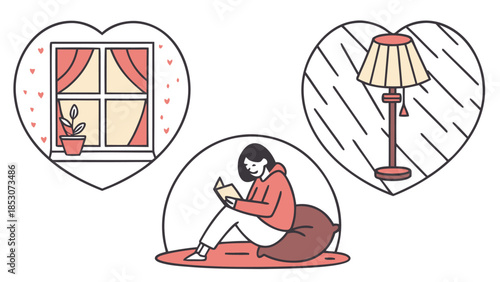 Woman relaxing at home in cozy minimalist illustration with soft pastel colors and gentle lines for wellness advertising