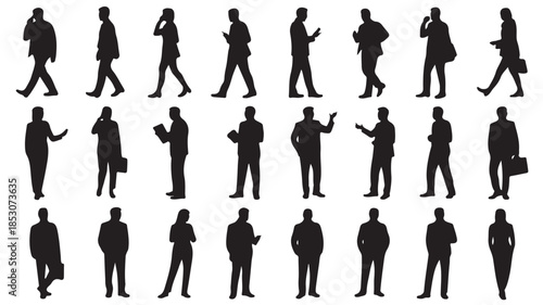 Silhouettes of business people in various poses and actions in black on white background for graphic design