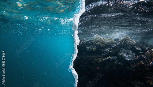 Stark contrast between clean turquoise ocean water and dark seabed dangerously filled with polluting plastic waste illustrates serious environmental pollution crisis