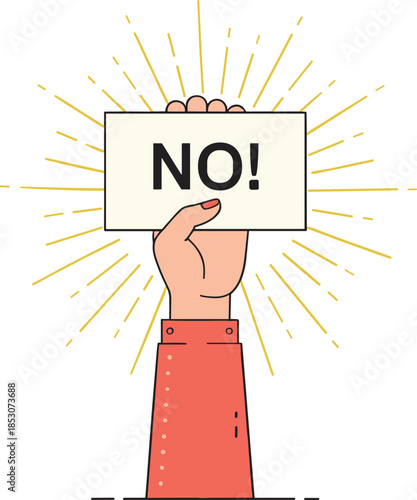 Hand holding “NO” sign with radiating lines symbolizing rejection, refusal, disagreement, or negative decision