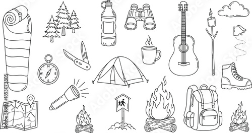 Camping gear line drawing, outdoor adventure icons, hiking essentials, black white sketch, nature tools, travel equipment, wilderness illustration