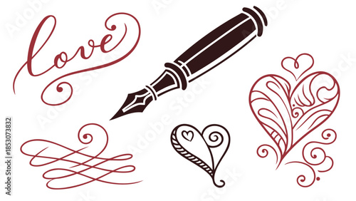Fountain Pen with Elegant Calligraphy and Heart Designs in Red and Black Ink on White Background for Valentines Day Greeting Cards