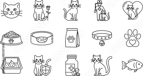 Cat care line icons set for veterinary services pet shop supplies feline health grooming nutrition kitten adoption and domestic animal wellness